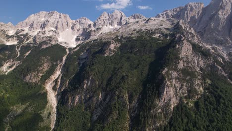Giant-mountains-with-high-rocky-peaks-and-snow-covered-in-green-forestry-in-summer,-Albania