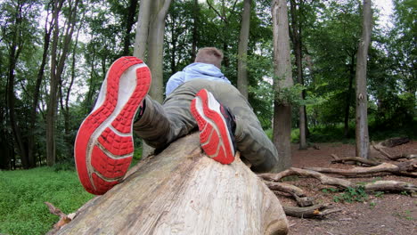 Ein-Kleiner-Junge-Beim-Spielen-Macht-Seinen-Weg-Entlang-Eines-Umgestürzten-Baumes-Im-Wald-In-Worcestershire,-England