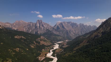 Park-of-Valbona-in-Albania,-high-mountain-peaks-over-beautiful-valley-in-summer