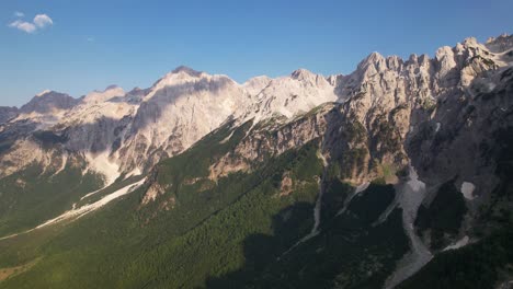 High-mountains-in-Albanian-Alps-with-rocky-slope-covered-in-green-forest