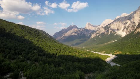 Idyllic-mountain-landscape-of-Valbona-valley-in-Albania,-wild-forests-and-high-peaks-of-Alps