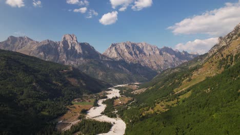 Beautiful-alpine-landscape-in-Valbona-valley-park-with-riverbed-through-green-forests-and-high-mountains