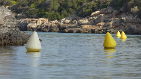 Yellow-conical-navigation-buoys-indicating-a-channel-for-boats-in-a-cove-with-sharp-rocks-and-green-vegetation