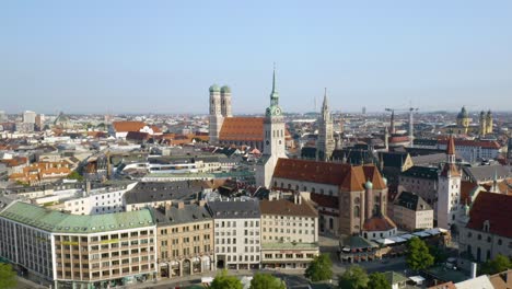 Incredible-Aerial-View-of-Munich's-Altstadt---St-Peter's-Church,-Old-Town-Hall,-Frauenkirche
