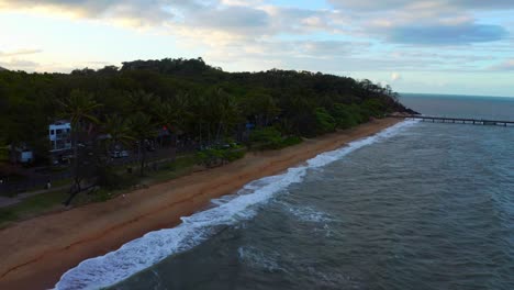 Idyllic-Beach-With-Palm-Trees-At-Palm-Cove,-Cairns-Region,-Queensland,-Australia---aerial-drone-shot
