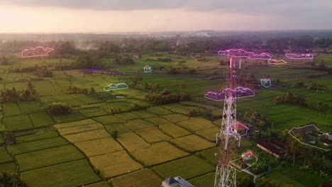 5G-6g-tower-animation-of-micro-waves-and-control-of-the-little-village-field-farm-production-during-colourful-sunset