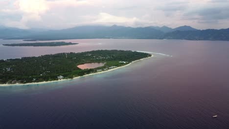 Aerial-panoramic-footage-of-gili-islands-Indonesia-holiday-destination-during-sunset