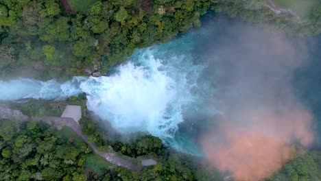 Above-Huka-falls,-powerful-flow-of-water-from-Lake-Taupo,-New-Zealand