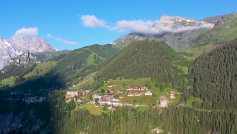 Wide-rotating-drone-shot-of-Murren,-a-traditional-Walser-mountain-village-in-the-Bernese-Highlands-of-Switzerland