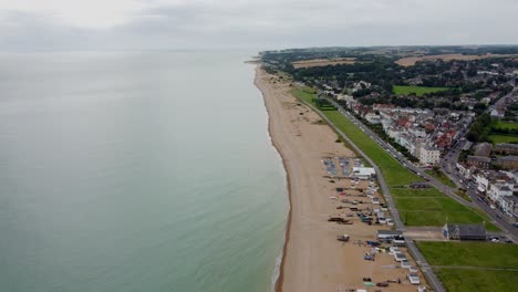 4K-high-altitude-drone-footage-of-the-pebbled-beach-at-Deal,-Kent-UK
