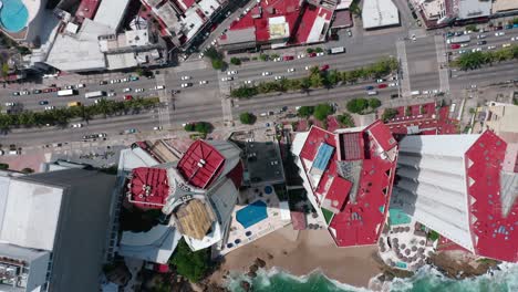 Aerial-top-down-view-of-Condesa-beach-in-Acapulco,-Mexico-at-day