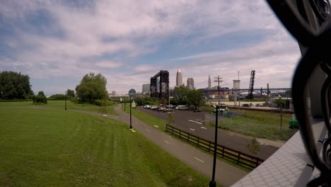 Downtown-Cleveland,-Ohio-from-the-Wendy-Park-Whiskey-Island-Metroparks-Bridge