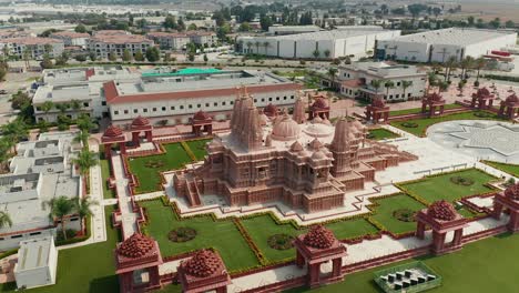 Aerial-rear-and-side-view-of-the-BAPS-Shri-Swaminarayan-Mandir-temple-in-Chino-Hills,-California
