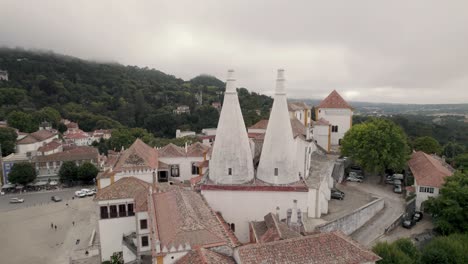 Palace-of-Sintra,-also-called-Town-Palace,-with-two-distinctive-chimneys,-Portugal