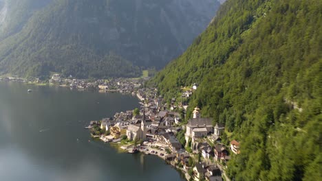 Fast-Aerial-Hyperlapse-Over-Hallstatt-Lake-and-Famous-Mountain-Village