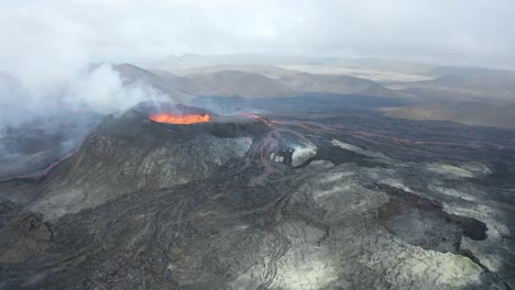 Aerial-view-of-Fagradalsfjall-volcano-in-Iceland-spewing-lava-and-smoke
