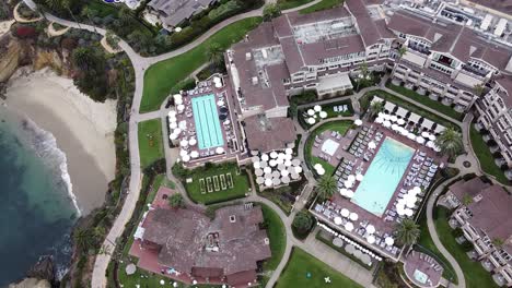 Top-Down-Wide-Aerial-View-of-Montage-Luxury-Resort-in-Laguna-Beach,-California