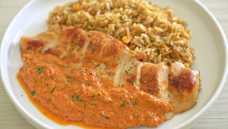 Gegrilltes-Hähnchensteak-Mit-Roter-Currysauce-Und-Reis---Muslimische-Küche