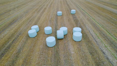 Drone-flyover-groups-of-round-plastic-wrapped-hay-bales-on-field,-overcast-weather