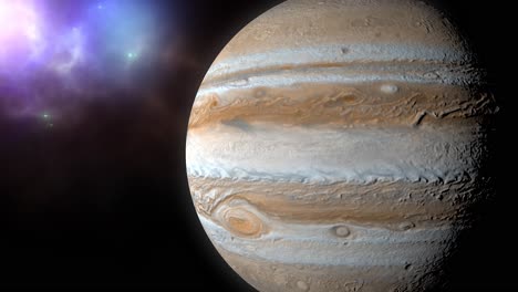 Planet-Jupiter-Mit-Nebel-Bewölkt-Hintergrund-Im-Weltraum
