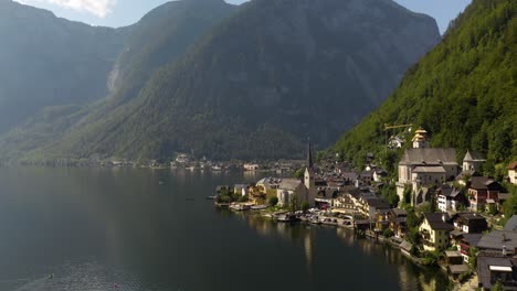Cinematic-Aerial-Shot-of-Hallstatt,-Magical-Fairytale-Village-in-Austrian-Alps