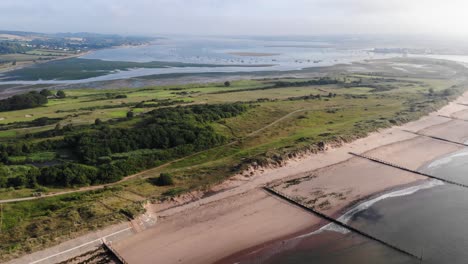 Aerial-View-Of-Empty-Dawlish-Warren-Beach-With-River-Exe-In-Distance