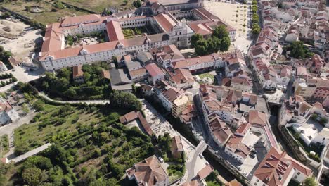Panoramic-view-of-Alcobaça-Monastery-and-surrounding-cityscape,-Portugal