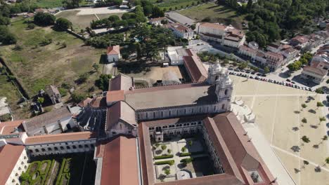 Aerial-above-view-of-notable-complex-Alcobaca-monastery-in-Portugal
