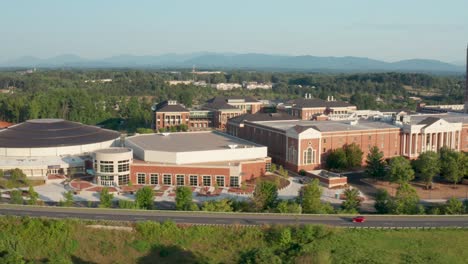 Aerial-truck-shot-of-Liberty-University-college-campus-in-Lynchburg-Virginia,-USA