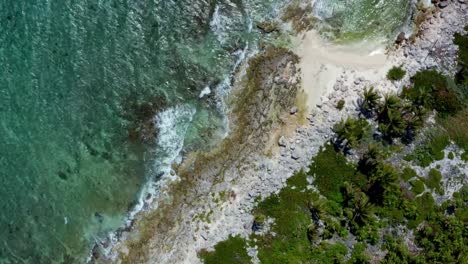 Beautiful-spinning-aerial-bird's-eye-drone-top-view-of-a-tropical-barren-beach-with-clear-turquoise-water,-white-sand,-palm-trees,-and-waves-crashing-into-rocks-near-Riviera-Maya,-Mexico-near-Cancun