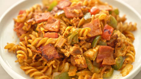 stir-fried-fusilli-pasta-with-ham-and-tomatoes-sauce