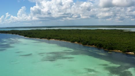 Aerial-drone-shot-of-a-beautiful-tropical-coastline-in-the-nature-reserve-of-Sian-Ka'an-near-Tulum,-Mexico-with-turquoise-crystal-clear-water,-and-white-sand-on-a-warm-summer-day
