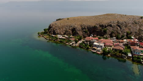 Lin-Peninsula-on-Lake-Ohrid,-Albania---cinematic-drone-pan