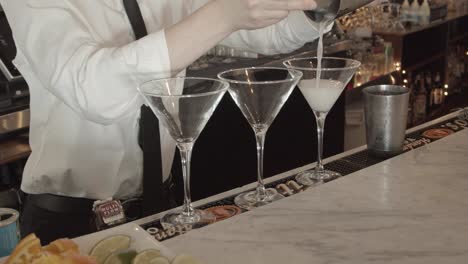 Upscale-Bartender-Mixologist-Pours-Alcoholic-Drink-into-Martini-Cocktail-Glass