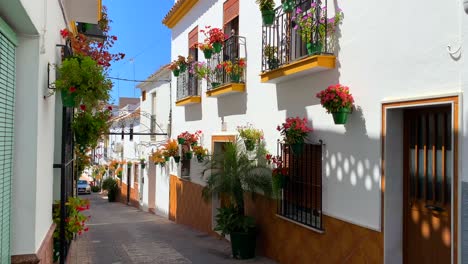 Typische-Spanische-Straße-In-Der-Altstadt-Estepona-Mit-Bunten-Blumentöpfen-Und-Schönen-Balkonen