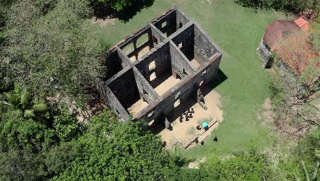Overhead-shot-over-the-house-in-the-ruins-of-the-Engombe-sugar-mill,-discovering-everything-that-was-left-behind