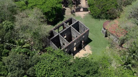 Drone-shot-point-of-interest-over-the-Engombe-Sugar-Mill-Ruins,-Santo-Domingo-Dominican-Republic