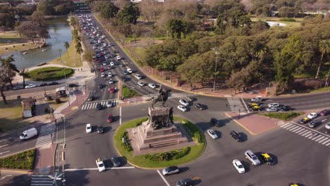 Aerial-over-traffic-diversion-at-Urquiza-monument-intersection-in-Buenos-Aires-during-peak-working-hours