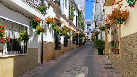Calle-Típica-Española-En-La-Ciudad-Vieja-De-Estepona-Con-Coloridas-Macetas-Y-Hermosos-Balcones