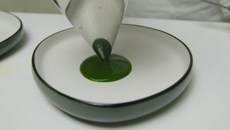 Nozzle-tip-spinach-puree-pouring-on-ceramic-plate