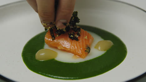 Male-Chef-dress-salmon-meal-with-fresh-seaweed-on-plate,close-up