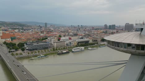 Close-Up-Aerial-Shot-of-Most-SNP-UFO-Bridge-in-Bratislava,-Slovakia