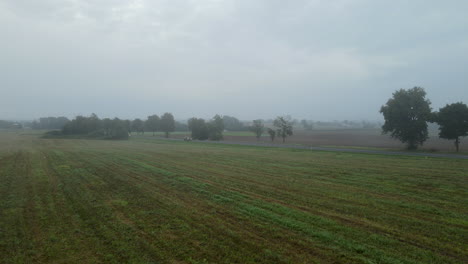 Nebel-über-üppigen-Grünen-Feldern-Und-Bäumen-In-Der-Stadt-Lubawa-In-Polen-Mit-Autos,-Die-An-Einem-Bewölkten-Tag-Auf-Der-Straße-Fahren