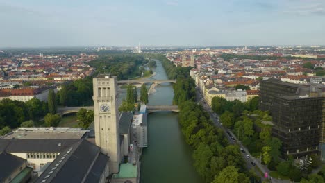 Isar-River-in-Downtown-Munich,-Germany-on-Summer-Day