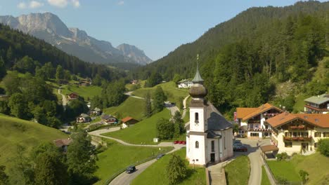 Cinematic-Close-Up-Shot-of-Maria-Gern-Church-in-Europe's-Bavarian-Alps