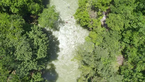 Drone-aerial-footage-of-flowing-rainforest-river-lined-with-lush-green-trees-and-foliage-with-people-riding-down-stream-in-floating-donuts