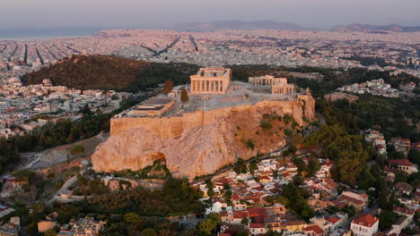 Aerial-View-Of-Acropolis-Of-Athens-On-Rocky-Outcrop-Above-City-Of-Athens-In-Greece-At-Sunrise