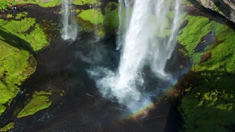 Famous-Seljalandsfoss-Waterfall-In-Iceland---aerial-drone-shot
