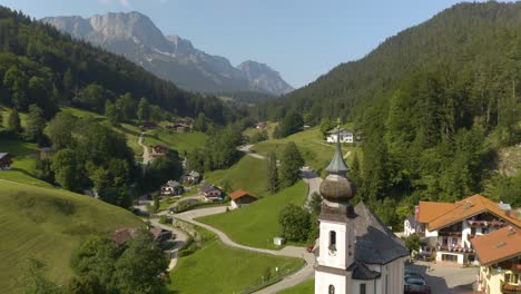 Aerial-Pullback-Reveals-Maria-Gern-Church-in-Bavaria,-Germany-on-Summer-Day
