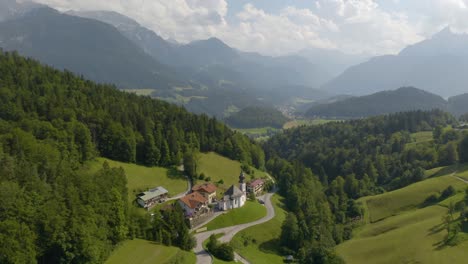 Drone-Flies-Above-Maria-Gern-Church-in-Bavaria,-Germany
